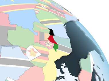 Malavi katıştırılmış bayrak ile parlak siyasi dünya üzerinde. 3D çizim.