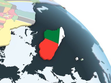 Madagaskar katıştırılmış bayrak ile parlak siyasi dünya üzerinde. 3D çizim.