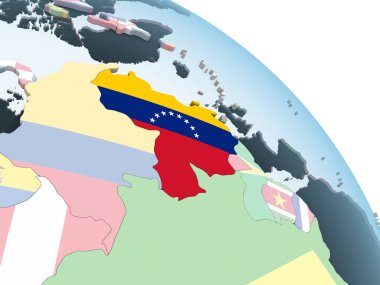 Venezuela katıştırılmış bayrak ile parlak siyasi dünya üzerinde. 3D çizim.