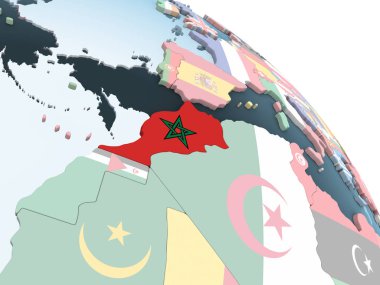 Fas katıştırılmış bayrak ile parlak siyasi dünya üzerinde. 3D çizim.