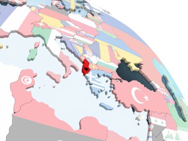 Arnavutluk katıştırılmış bayrak ile parlak siyasi dünya üzerinde. 3D çizim.