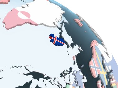 İzlanda katıştırılmış bayrak ile parlak siyasi dünya üzerinde. 3D çizim.