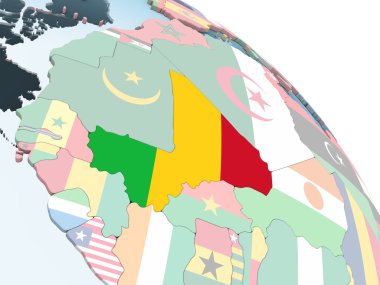 Mali katıştırılmış bayrak ile parlak siyasi dünya üzerinde. 3D çizim.