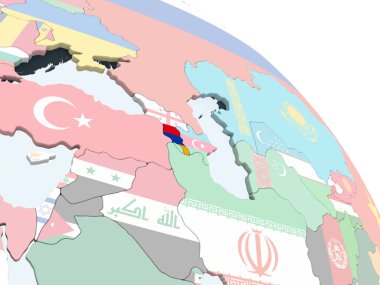 Ermenistan katıştırılmış bayrak ile parlak siyasi dünya üzerinde. 3D çizim.