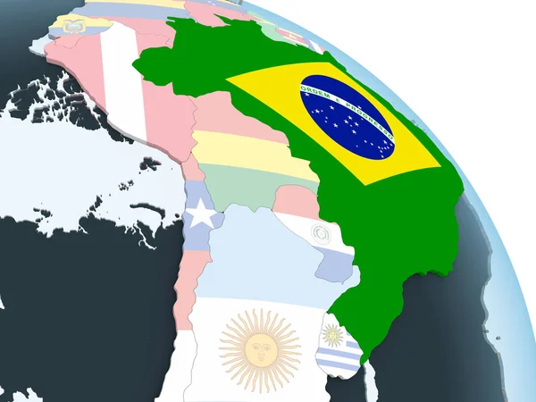 Бразилия Ярком Политическом Глобусе Встроенным Флагом Иллюстрация — стоковое фото