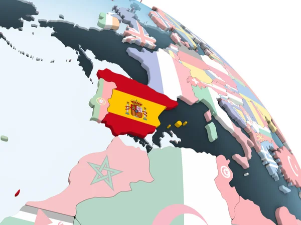 İspanya katıştırılmış bayrak ile parlak siyasi dünya üzerinde. 3D çizim.