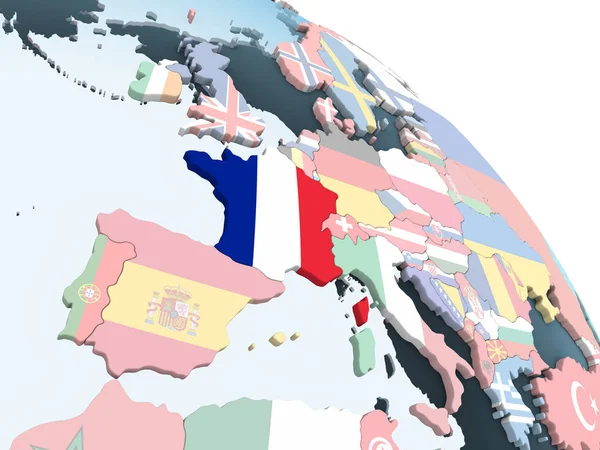 法国关于嵌入式国旗明亮政治地球仪 — 图库照片