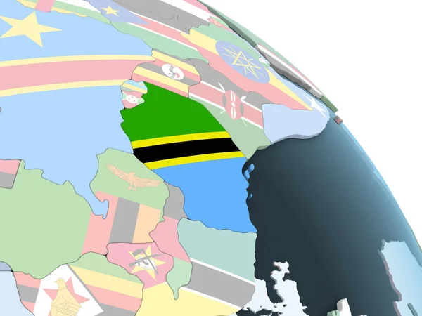 Tansania Auf Einem Hellen Politischen Globus Mit Eingebetteter Flagge Illustration — Stockfoto