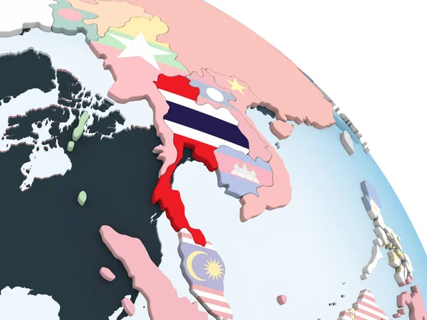 Tayland katıştırılmış bayrak ile parlak siyasi dünya üzerinde. 3D çizim.