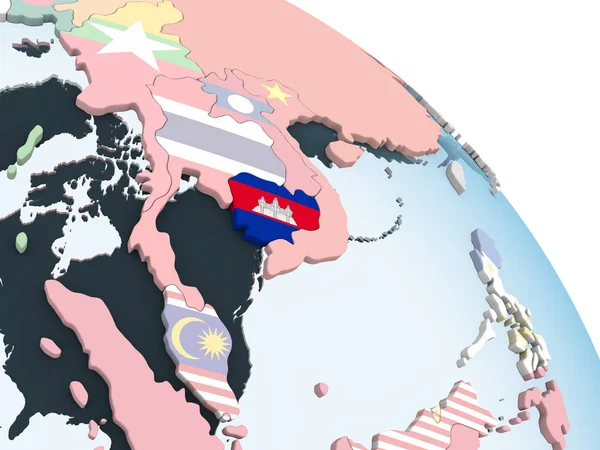 Kamboçya katıştırılmış bayrak ile parlak siyasi dünya üzerinde. 3D çizim.