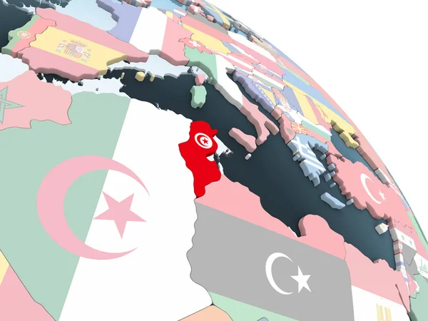 Tunísia Brilhante Globo Político Com Bandeira Embutida Ilustração — Fotografia de Stock