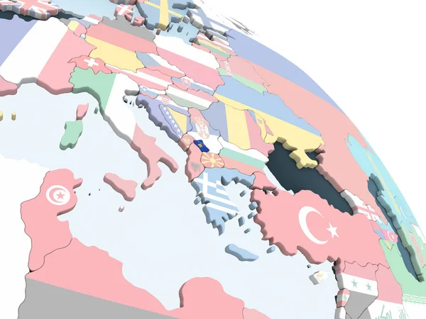 Kosova katıştırılmış bayrak ile parlak siyasi dünya üzerinde. 3D çizim.