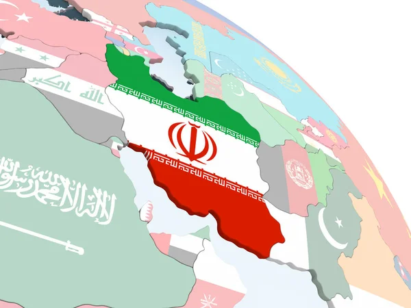 Iran katıştırılmış bayrak ile parlak siyasi dünya üzerinde. 3D çizim.