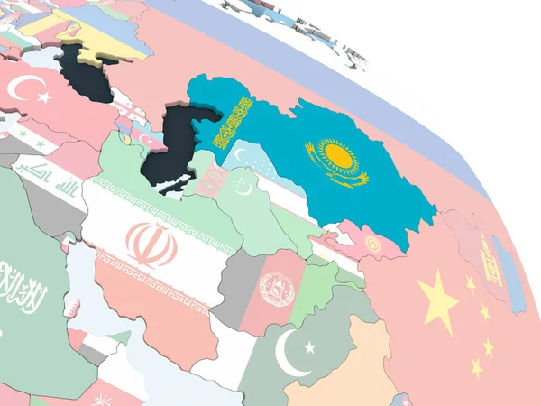 Kazakistan katıştırılmış bayrak ile parlak siyasi dünya üzerinde. 3D çizim.