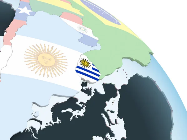 Uruguay Brillante Globo Político Con Bandera Incrustada Ilustración —  Fotos de Stock