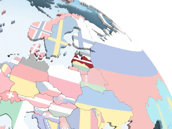 Letonya katıştırılmış bayrak ile parlak siyasi dünya üzerinde. 3D çizim.