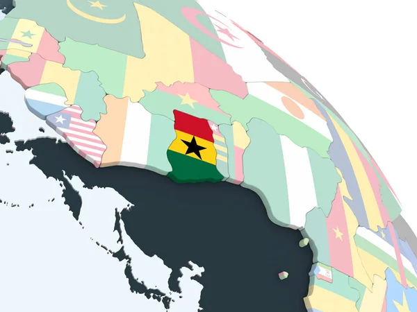Ghana Sur Globe Politique Lumineux Avec Drapeau Intégré Illustration — Photo