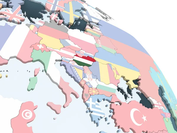 Macaristan katıştırılmış bayrak ile parlak siyasi dünya üzerinde. 3D çizim.