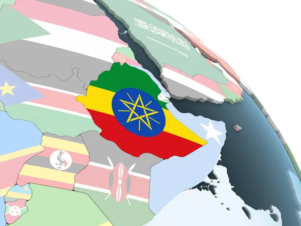 Etiópia Globo Político Brilhante Com Bandeira Embutida Ilustração — Fotografia de Stock