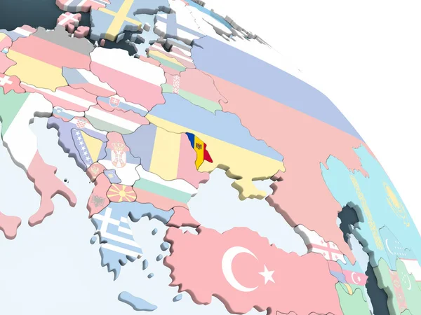 Moldova katıştırılmış bayrak ile parlak siyasi dünya üzerinde. 3D çizim.