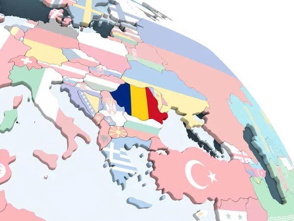 Romanya katıştırılmış bayrak ile parlak siyasi dünya üzerinde. 3D çizim.