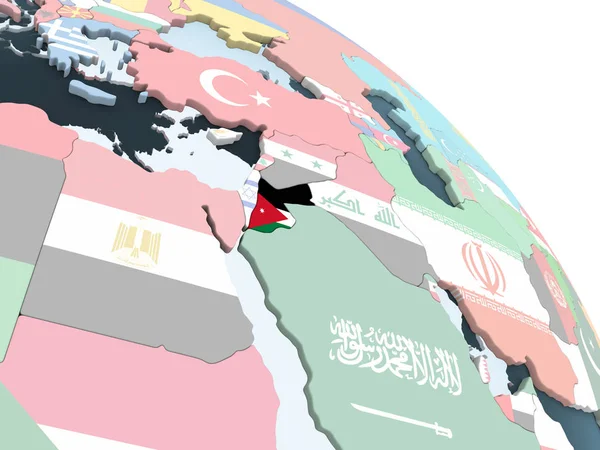 Jordan katıştırılmış bayrak ile parlak siyasi dünya üzerinde. 3D çizim.