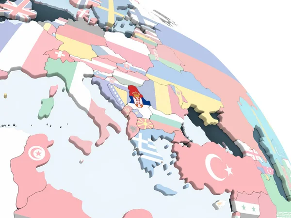 Sırbistan katıştırılmış bayrak ile parlak siyasi dünya üzerinde. 3D çizim.