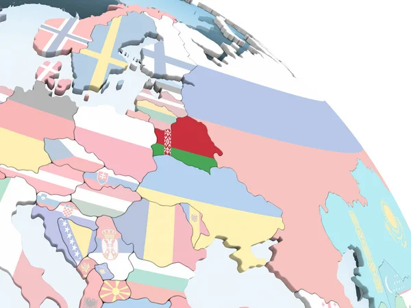 Beyaz Rusya katıştırılmış bayrak ile parlak siyasi dünya üzerinde. 3D çizim.