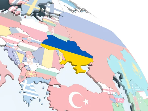 乌克兰关于嵌入式国旗明亮政治地球仪 — 图库照片