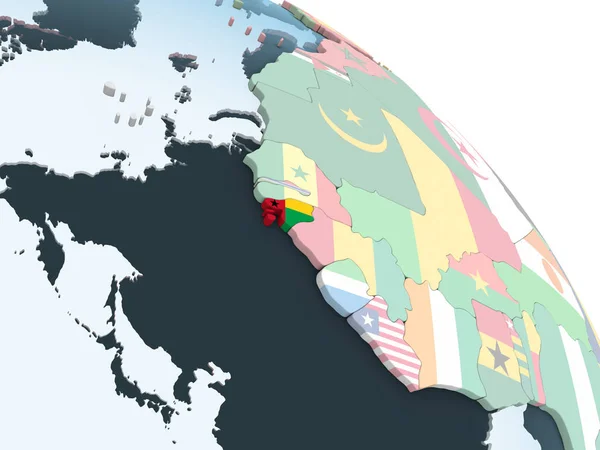 Guinea-Bissau on bright political globe with embedded flag. 3D illustration.