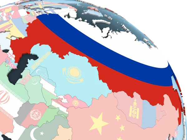 Rússia Globo Político Brilhante Com Bandeira Embutida Ilustração — Fotografia de Stock