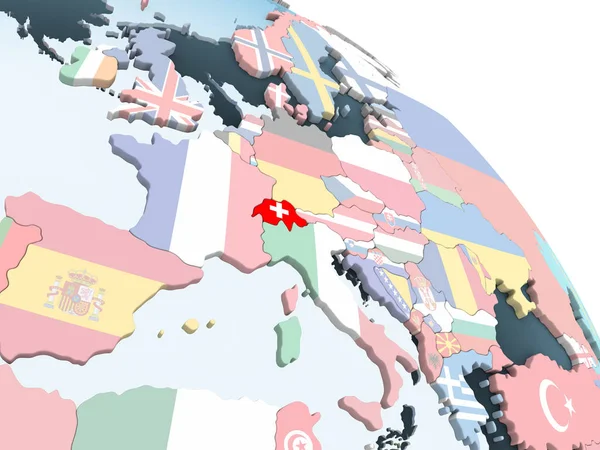 İsviçre katıştırılmış bayrak ile parlak siyasi dünya üzerinde. 3D çizim.