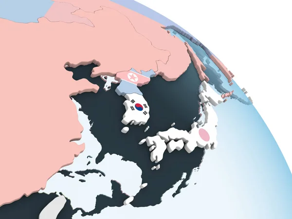 Южная Корея Ярком Политическом Глобусе Встроенным Флагом Иллюстрация — стоковое фото