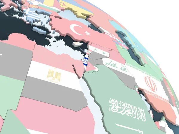 İsrail katıştırılmış bayrak ile parlak siyasi dünya üzerinde. 3D çizim.