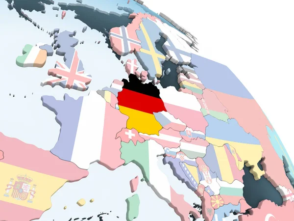 Almanya katıştırılmış bayrak ile parlak siyasi dünya üzerinde. 3D çizim.