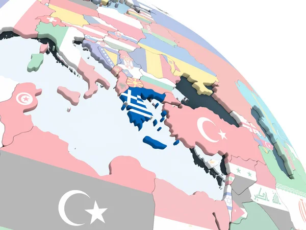 Yunanistan katıştırılmış bayrak ile parlak siyasi dünya üzerinde. 3D çizim.