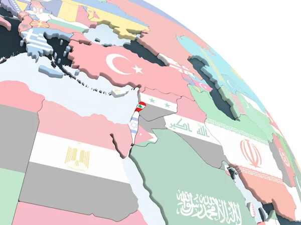 Lübnan katıştırılmış bayrak ile parlak siyasi dünya üzerinde. 3D çizim.