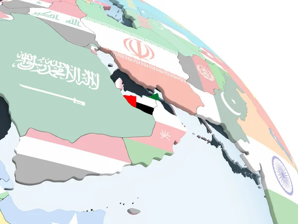 Zjednoczone Emiraty Arabskie Jasne Globus Polityczny Flagą Osadzonych Ilustracja — Zdjęcie stockowe