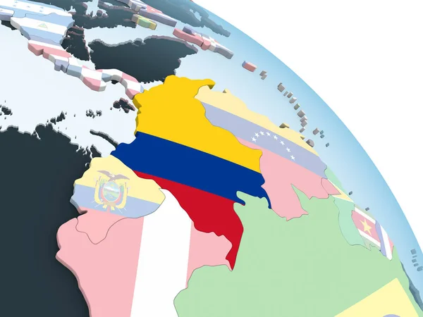 Colômbia Brilhante Globo Político Com Bandeira Embutida Ilustração — Fotografia de Stock