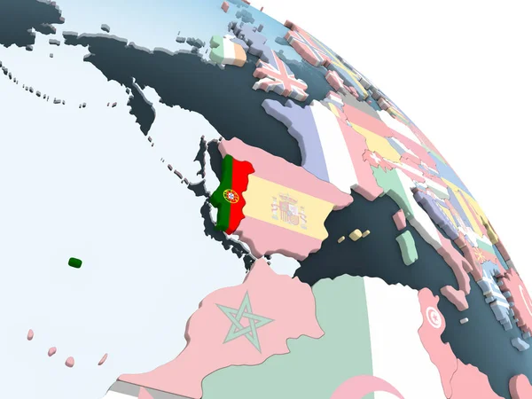 Portekiz Katıştırılmış Bayrak Ile Parlak Siyasi Dünya Üzerinde Çizim — Stok fotoğraf