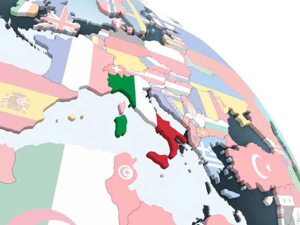 İtalya katıştırılmış bayrak ile parlak siyasi dünya üzerinde. 3D çizim.