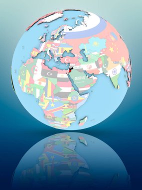 Yansıtıcı yüzeyi ülke bayrakları ile Jordan siyasi dünya üzerinde. 3D çizim.