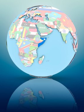 Yansıtıcı yüzeyi ülke bayrakları ile Somali siyasi dünya üzerinde. 3D çizim.