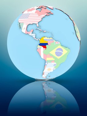 Yansıtıcı yüzeyi ülke bayrakları ile Kolombiya siyasi dünya üzerinde. 3D çizim.