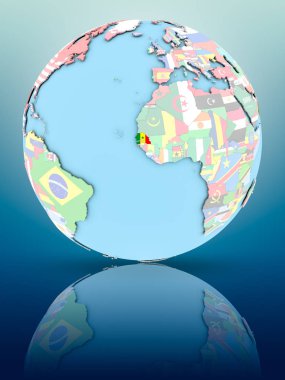 Yansıtıcı yüzeyi ülke bayrakları ile Senegal siyasi dünya üzerinde. 3D çizim.