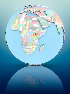 Yansıtıcı yüzeyi ülke bayrakları ile Uganda siyasi dünya üzerinde. 3D çizim.