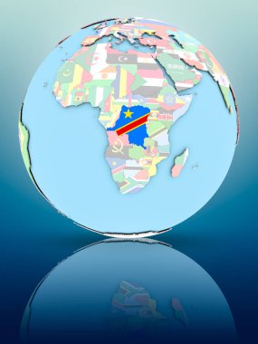 Demokratik Kongo Cumhuriyeti siyasi dünya üzerinde yansıtıcı yüzeyi ülke bayrakları ile. 3D çizim.