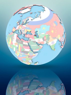 Yansıtıcı yüzeyi ülke bayrakları ile Azerbaycan siyasi dünya üzerinde. 3D çizim.