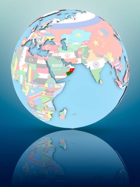 Yansıtıcı yüzeyi ülke bayrakları ile Umman siyasi dünya üzerinde. 3D çizim.