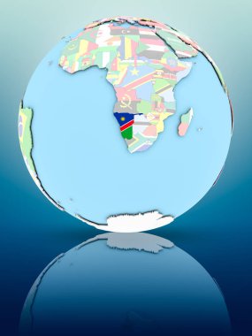 Yansıtıcı yüzeyi ülke bayrakları ile Namibya siyasi dünya üzerinde. 3D çizim.